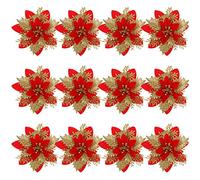 TOYANDONA 12Pcs Christmas Poinsettia Flowers, Artificial Glitter Poinsettia Flowers Home Party Wreath Decorations Christmas Tree Flowers Ornaments Party Decoration with Stems and Clips- Red