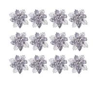TOYANDONA 12pcs Glitter Poinsettia Christmas Artificial Flowers Christmas Tree Floral Ornaments Decorations Xmas Tree Pendant Christmas Wreath Filler (Silver)