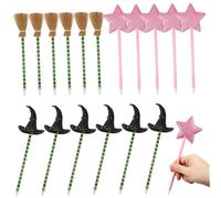 TOYANDONA 18 Pcs Halloween Pompom Pens with Witch Hat Broomstick Star Designs Ballpoint Pens for Party Favors Classroom Prizes Birthday Goodie Bag Fillers and Festive Decorations