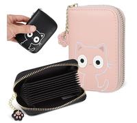 TOYANDONA 2 Pcs Cute Cat Pattern Card Holder Wallets with Zipper Small PU Coin Purses for Women and Compact Ladies Credit Card Holders with Multiple Slots Pink and Black