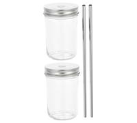 TOYANDONA 2 Sets Glass Drinking Cups with Lids and Straws Mason Jar Wide Mouth Juice Storage Cups Glass Beverage Containers for Home Office Use