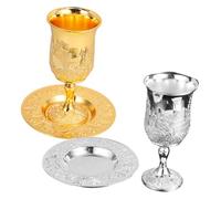 TOYANDONA 2 Sets Handcrafted Embossed Footed Wine Cup with Saucer Metal Kiddush Goblets for Shabbat Havdalah Passover Table Vintage Judaica Chalices for Jewish Holiday Rituals Gold and
