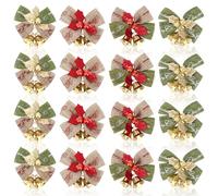 TOYANDONA 20pcs Christmas Bell Bow Set with Iron Bells Xmas Tree Decor Bows in Red and Gold Leaf Designs for Wreaths Garland and Holiday Home Decoration