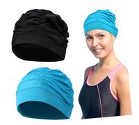 TOYANDONA 2pcs Breathable Pleated Fabric Swim Caps for Women Men Stretchy Elastic Swimming Hats with Fit Lightweight Comfortable Cloth Swim Caps for Long Hair and All Head
