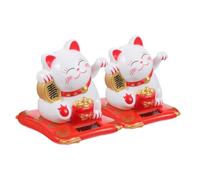 TOYANDONA 2pcs Solar Powered Waving Lucky Cat Figurines Small White Fortune Cats with Moving Arms for Car Home Office Decor Feng Shui Wealth Mascot