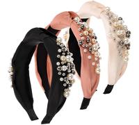 TOYANDONA 3pcs Pearl Knotted Headbands Hair Hoops for Women, Wide Band Hairbands in Black, Pink, Light Gold - Vintage Style Hair Accessories for Everyday and Party Use