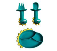TOYANDONA 3pcs Training Plate Set Dinosaur Silicone Plate Suction Bowl Cutlery Set Safe Comfortable for Toddlers