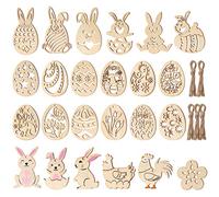 TOYANDONA 48 Pcs Wood Slice Ornaments Unfinished Wooden Egg Bunny Chicken Shape Crafts with Holes Tags Wooden Cutouts for Easter Party Supplies