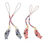 TOYANDONA 4Pcs Japanese Lucky Carp Flags Phone Charms, Painted Fish Pendant Bag Lanyard Charms with Hand Wrist Strap, Red and Blue Carp Keychains for Mobile Phone and Backpack Accessories