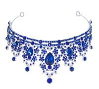 TOYANDONA Blue Wedding Rhinestones Headband for Bride with Leaf-shaped Flower Design, Portable Zinc Alloy Tiara Crown with Pin on Both Ends, for Prom and Halloween