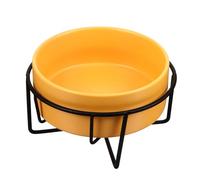 TOYANDONA Ceramic Pet Food Bowl and Water Bowl with Black Iron Raised Stand 14cm Yellow Cat for Spine Protection Elevated Pet Feeding Dish for Cats and Dogs