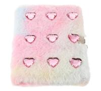 TOYANDONA Fluffy Plush A5 Notebook with Lock and 9 Gemstone Decorations, Heart Gradient Cute Journal Book for Student Daily Use Diary and Note Taking Accessory