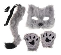 TOYANDONA Halloween Furry Fox Half Face Mask with Wolf Ears Tail Plush Gloves for Cosplay Masquerade Parties Unique Costume Events Grey