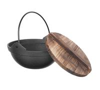 TOYANDONA Japanese Small Hot Pot Cast Iron Stockpot with Wooden Lid Portable Outdoor Camping Cooking Pan for Udon Ramen Sukiyaki Stews and Easy to Clean
