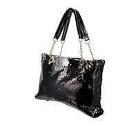 TOYANDONA Large Capacity Sequin Tote Bag with Chain Strap Two-tone Reversible Glitter Handbag Pu Leather Shoulder Bag for Women Evening Party and Casual Use Black