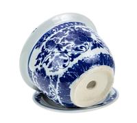 TOYANDONA Large Ceramic Bonsai Pot with Tray Blue and White Porcelain Planter for Balcony and Indoor Decor High Temperature Fired Round Flower Pot for Plants and Home Ornament