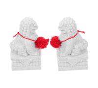 TOYANDONA Mini Chinese Guardian Lion Statues Pair with Red Pompon, Beige Marble Foo Dog Prosperity Figurines for Home Office Desk Feng Shui Wealth Decoration