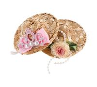 TOYANDONA Mini Hats for Pets 2pcs, Pearl Flower Beach Sun Protection Hat with Chin Strap and Pink Bow Crown, Chicken and Parrot Accessories for Tea Party Dress up