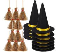 TOYANDONA Mini Witch Hats and Mini Broom Halloween Decorations Wizard Accessory for Halloween Party Birthday Wedding DIY Crafts Accessories (10Pcs Black Witch Hats+10Pcs Broom Sticks