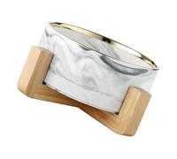 TOYANDONA Nordic Style Marble Grey Cat Bowl with Wooden Stand Ceramic Puppy Food and Water Container Easy-clean Instant Noodle Soup Dish for Pets Stylish Raised Feeder for Cats and Small
