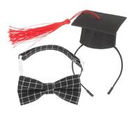 TOYANDONA Pet Graduation Cap Hair Band with Tassel and Bowtie, Red Felt Doctoral Hat and Black Plaid Necktie Set for Cats and Dogs, Holiday Costume Accessory for Puppy and Kitten