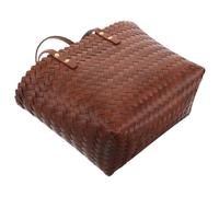 TOYANDONA Plastic Woven Top-handle Bag with Brown PU Leather Handles Lightweight PVC Material Spacious Summer Beach Tote for Women Casual and Business Use