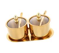 TOYANDONA Stainless Steel Spice Storage with Glass Lid Spoon and Tray Kitchen Condiment Pots for Salt Pepper Gourmet Salts Elegant Seasoning Container Box for Home Cooking and