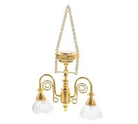 TOYANDONA Vintage Gold Double-headed Floral Chandelier Miniature Dollhouse Lighting Illuminated Ceiling Lamp for Mini Simulation Furniture Tiny Pendant Light for Cozy Doll House Decor and