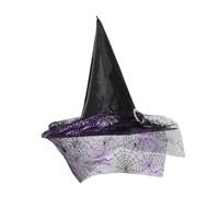 TOYANDONA Witch Hat Women Halloween Spider Web Print Purple Polyester Pointed Tip Wide Brim Lightweight Comfortable for Festivals and Parties