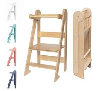 TOYBOX Learning Tower, Montessori Toddler Kitchen Tower, Foldable & Compact Learning Helper Stool for Toddlers with Safety Rail (Natural Wood)