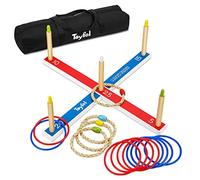 Toyfel Mitty Toss Ring Toss Game - Garden Games Quoits Outdoor & Indoor, 15 Rings (10x plastic & 5x rope hoops) - Throwing Game Set for Kids & Adults, Pinewood Hoopla Game Outdoor Game