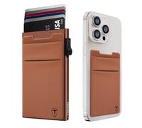 TOYFID Cognac Lycra Pop-up Slim Card Wallet, RFID Quick Access | Slide ejector for one-hand card access. Pocket for cash/coins & phone. Bonus Lycra cloth. Secure RFID protection.
