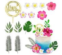 Toyhood 13pcs Tropical Cake Toppers, Palm Leaves and Hibiscus Flower, Summer Tropical Cake Decoration, for Hawaiian Themed Birthday Party Holiday Supplies