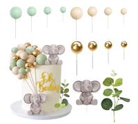 Toyhood 14Pcs Elephant Theme Birthday Cake Topper, 3D Elephant Colorful Ball Green Leave, Animals Happy Birthday Cake Toppers Decorations, for Baby Shower Boys Girls Party Decor (Grey)