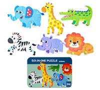 Toyhood 6 Pack Wooden Jigsaw Puzzles for kids 3-6 Year Old, Animals Puzzles Toy in a Box, Lions Elephants Giraffe Jigsaws, Travel Games Learning Educational Birthday Gifts for Boys Girls (Multi-A)