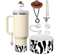 Toykee Cup Boot with Accessories for Stanley 40 30 oz - West Cowboy Straw Toppers Cover Cow Print Bottom Protector Leak Proof Lid Spill Stopper Sets, and Keychain Charms for Tumbler