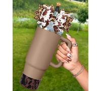 Toykee Cup Boot with Straw Cover for Stanley 40 30 oz - Cute Cow Print Bow Straw Topper and Brown Diamond Caps with Bottom Protector 3 PCS Sets for Tumbler Accessories