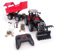 Toyland® 1:24 Scale Red Remote Control Tractor With Frontloader, Powered Tipping Trailer & Accessories Toy Playset with Lights & USB Charging - Rechargable Battery Included - Farm Play Vehicle