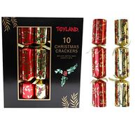 Toyland® 10-Pack Luxury Red & Gold Holly Christmas Crackers - 36cm Deluxe Festive Crackers with Hats, Gifts & Jokes - Traditional Christmas Dinner Table Decorations