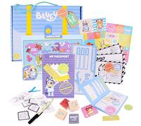 Toyland® 20 Piece Bluey Pretend Play Travel Activity Set - Passport & Boarding Pass, 1 Pen, 2 Sticker Sheets, 3 Wooden Stampers with Ink Pad, 3 Postcards, 1 World Map & More - Arts and Crafts Toys