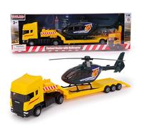 Toyland® 31cm (12”) Scania Flatbed Hauler With Helicopter & Detachable Trailer - 1:48 Scale Model Vehicle - Collectable Transport Toys (Yellow & Green)