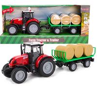 Toyland® 37cm Red Tractor & Trailer With Lights & Sound - Kids Farm Toys (Tractor & Bales)