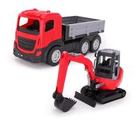 Toyland® 38cm (15") Red And Grey 6 Wheel Truck With Mini Excavator With Realistic Moving Wheels & Tilting Parts - Toy Construction Vehicles