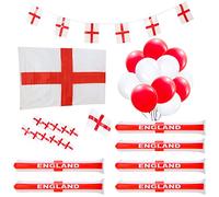 Toyland® 50 Piece England Party Decorations Bundle - 10m Bunting, 12 Hand Flags, 5ft x 3ft St George Flag, 30 Latex Balloons & 6 Bang Bang Sticks - Euros - World Cup Football Party