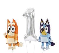 Toyland® Bluey & Bingo Foil Balloon Pack - 2 x 32" Character Balloons & 1 x 40" Number Balloon - Kids Birthday Party Decorations