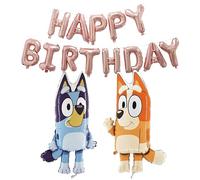Toyland® Bluey & Bingo Foil Balloon Pack - 2 x 80cm (32") Character Balloons & 1 x 16" Rose Gold Happy Birthday Balloon Banner - Kids Party Decorations