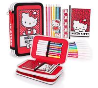 Toyland® Hello Kitty Two-Tier Zipped Filled Pencil Case - Includes: 1 Notebook, 7 Coloured Pencils, 8 Felt Tip Pens, Pencil, Ruler, Eraser, Sharpener - Kids School Stationery & Organiser