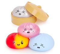 Toyland® Pack of 4 - Squishy Bao Dumpling Sensory Fidget Toys with Plastic Steamer Box - Squeeze Toys for Kids - Mega Bundle