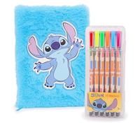 Toyland® Stitch A5 Plush Notebook With 12 Coloured Markers - Soft Fluffy Creative Journal for Kids With 80 Pages - Cute Stationery Set for Drawing, Colouring, School Notes & Diary Entries