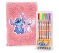 Toyland® Stitch & Angel A5 Plush Notebook With 12 Coloured Markers - Soft Fluffy Creative Journal for Kids With 80 Pages - Cute Stationery Set for Drawing, Colouring, School Notes & Diary Entries